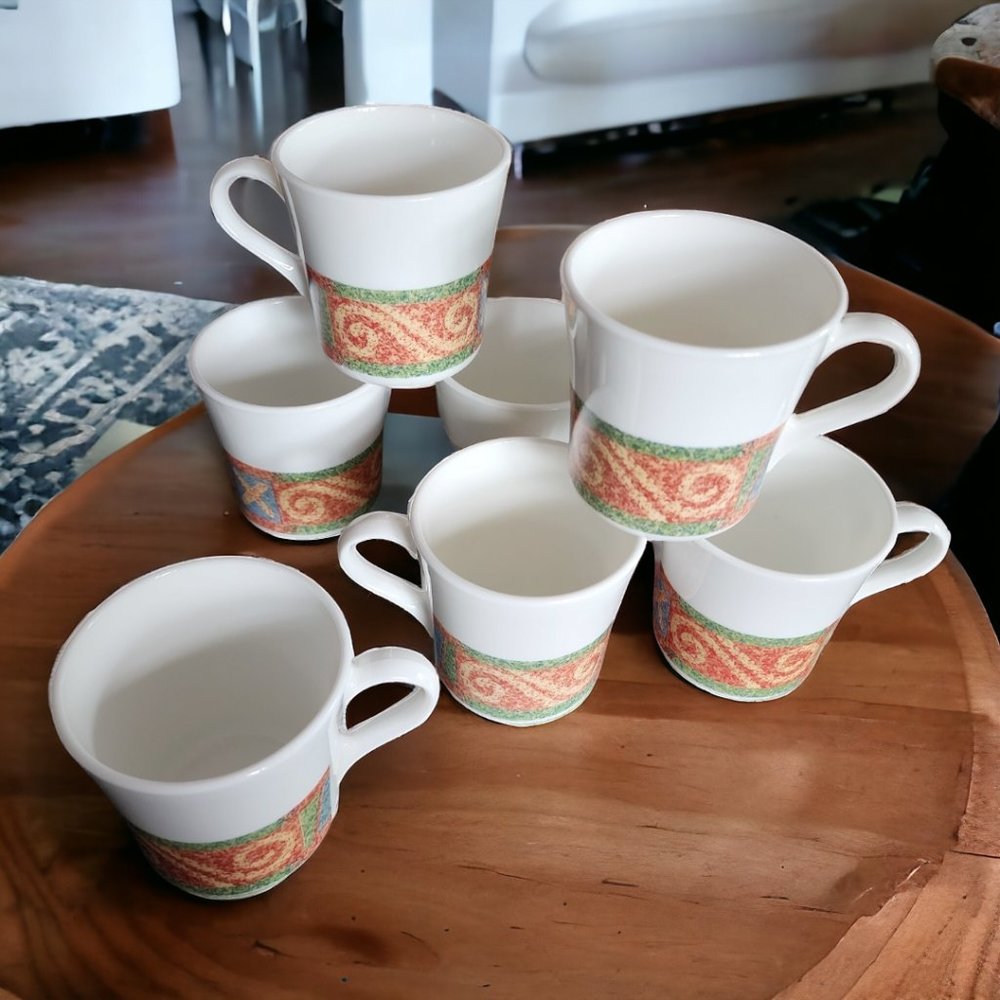 CORELLE Sand Art (7) Ceramic Coffee Cups in Orange and Green Design